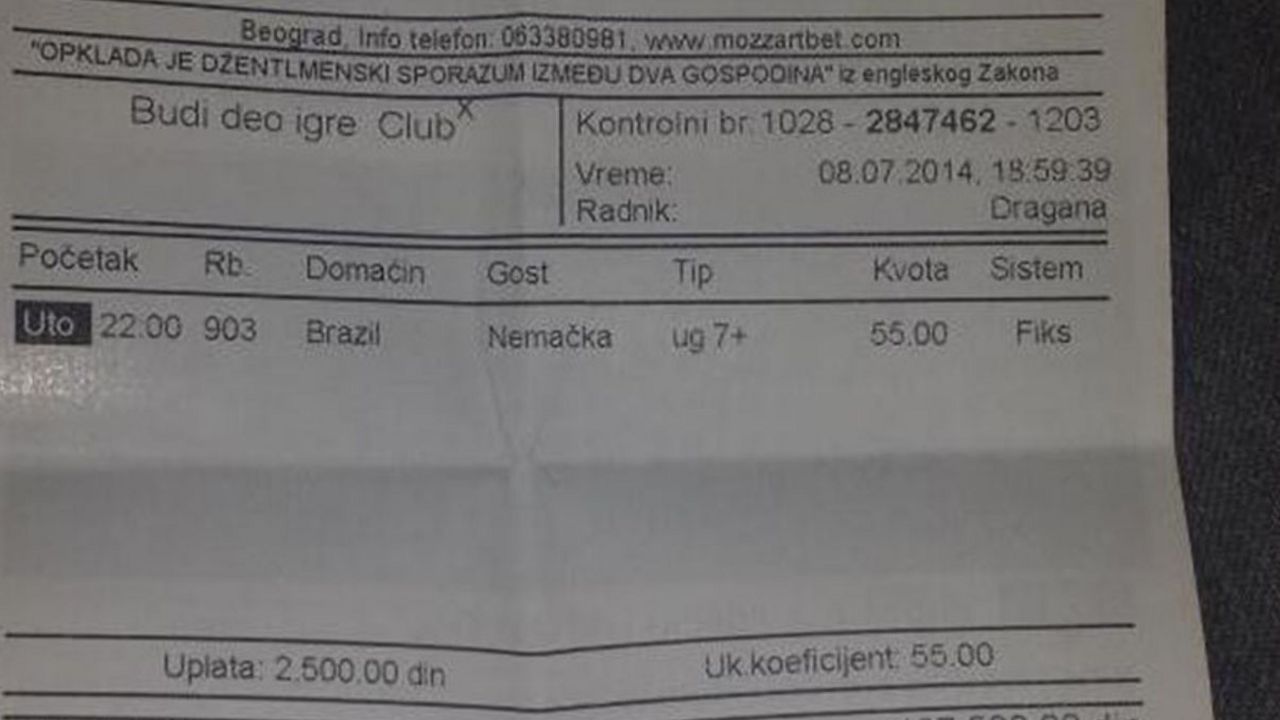 Tiket na kojem se vidi da je kladilac uplatio pare na 7+