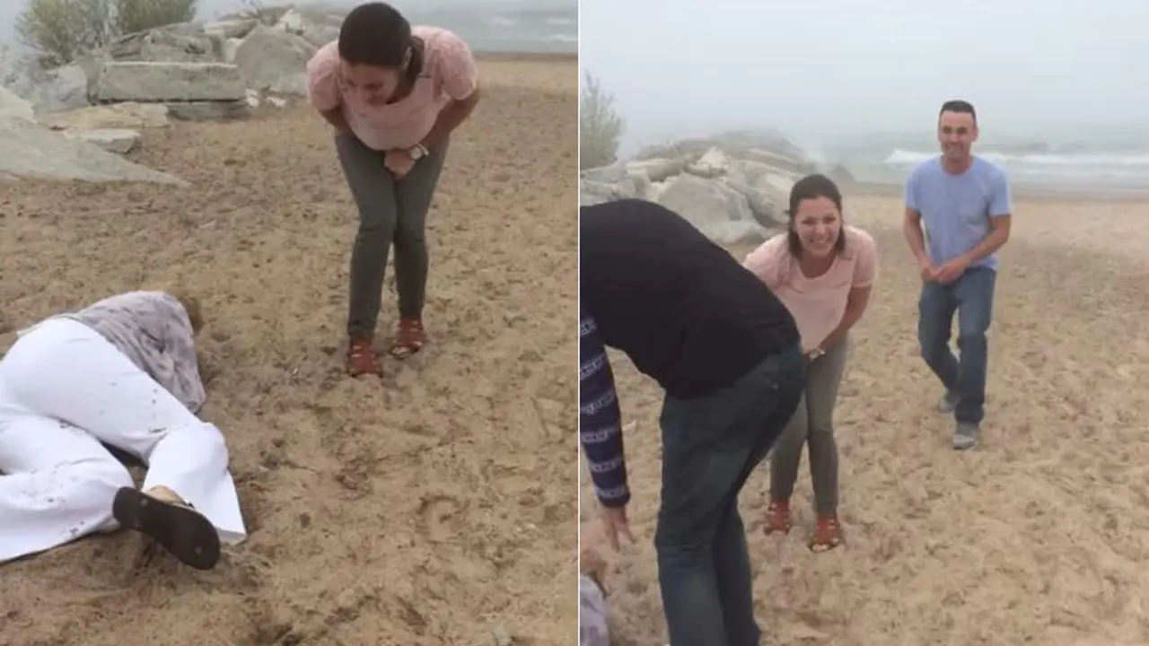 Žena se saplela o kamen na plaži